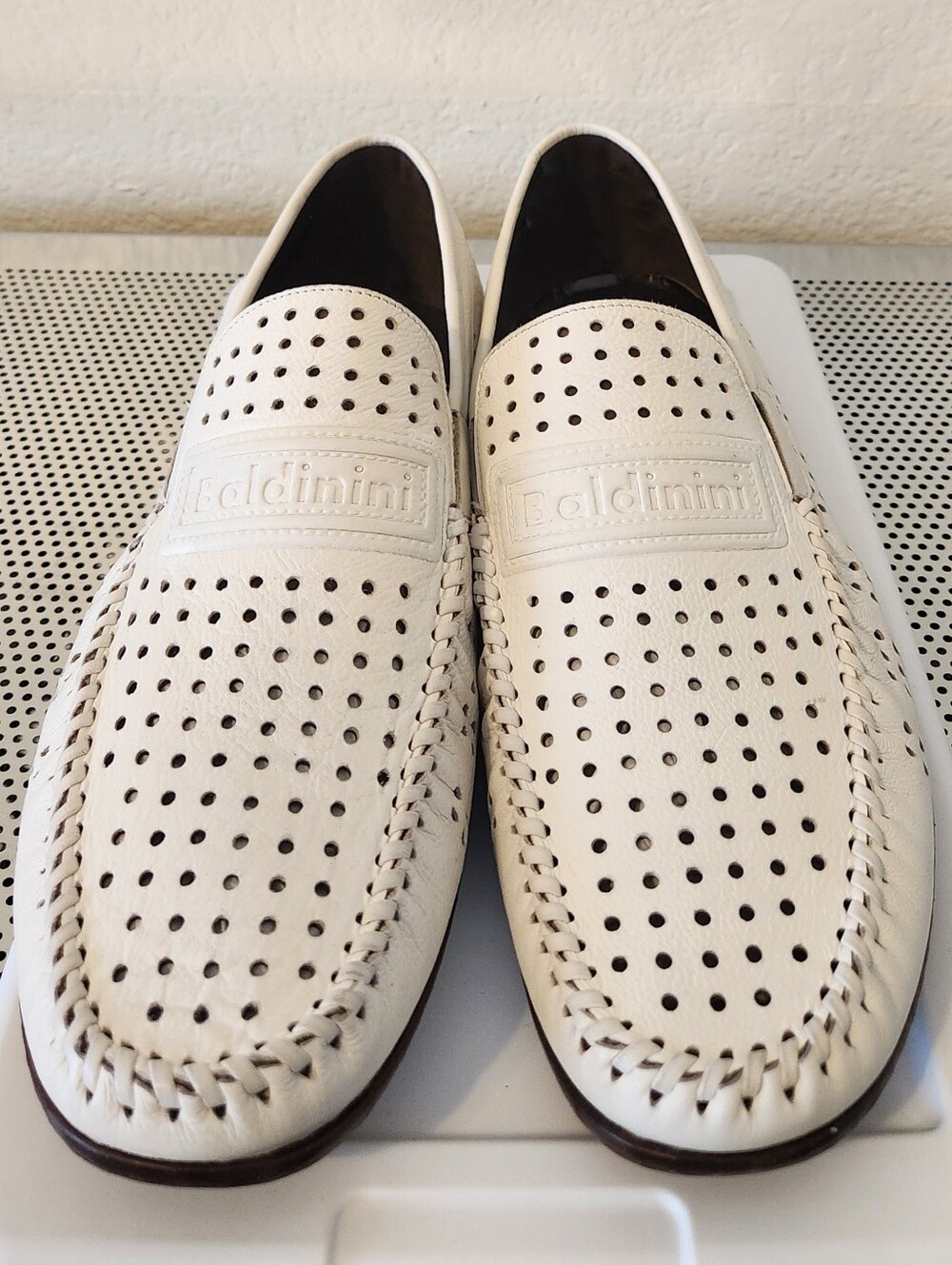 Baldinini Cream Perforated Leather Slip-On Loafers Men